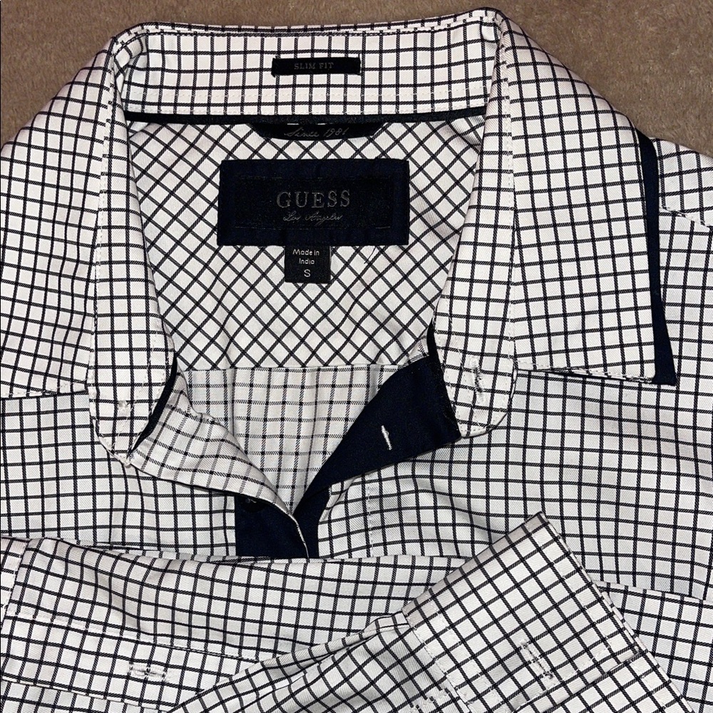 GUESS Men's Black and White Grid Shirt